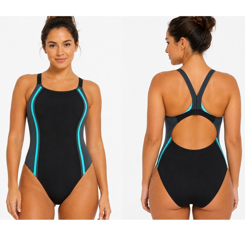 Speedo Athletic One Piece Swimsuit Womens Size 10 PowerFLEX Eco Turquoise Black